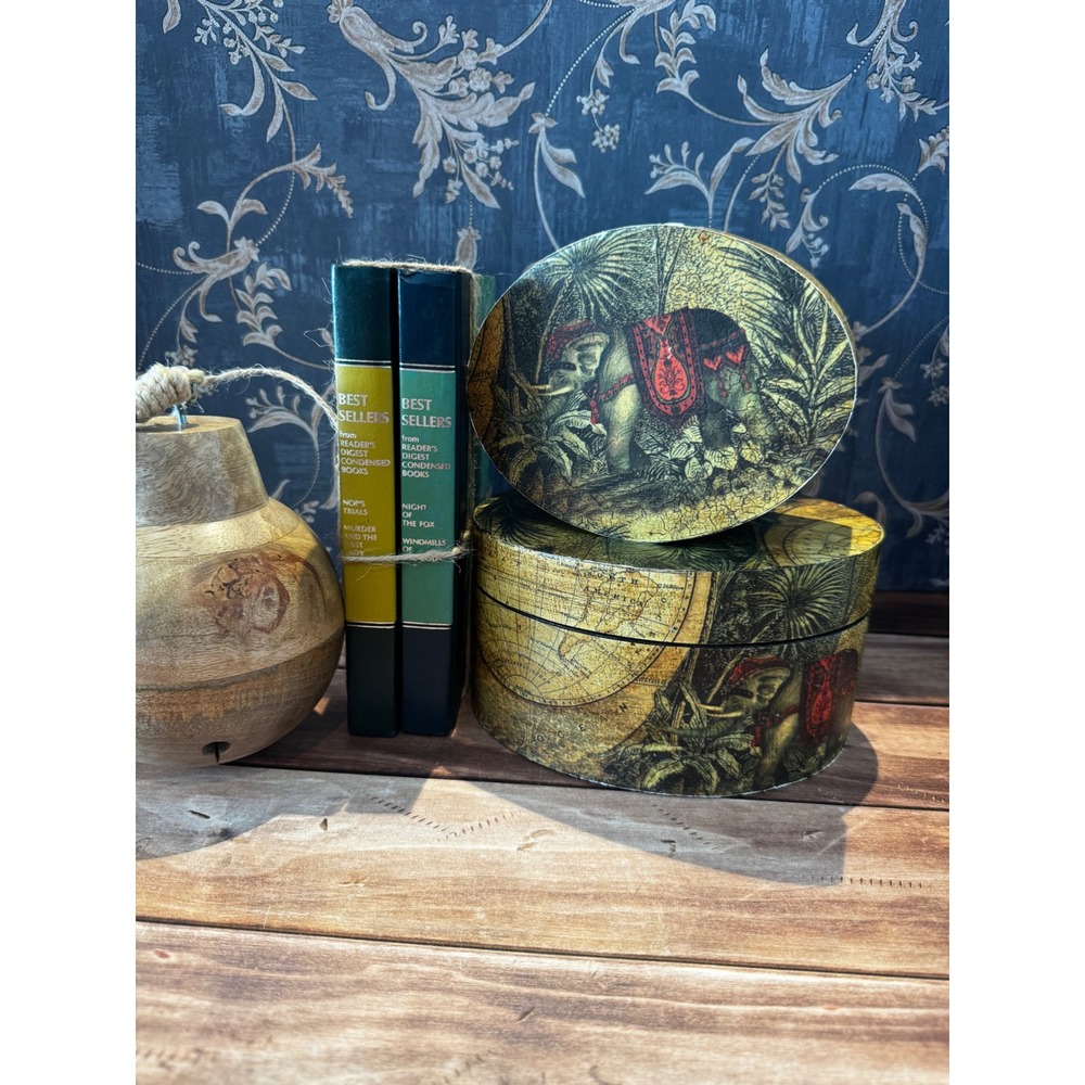 Vintage Style Elephant Safari World Map Oval Nesting Decorative Storage Box Set